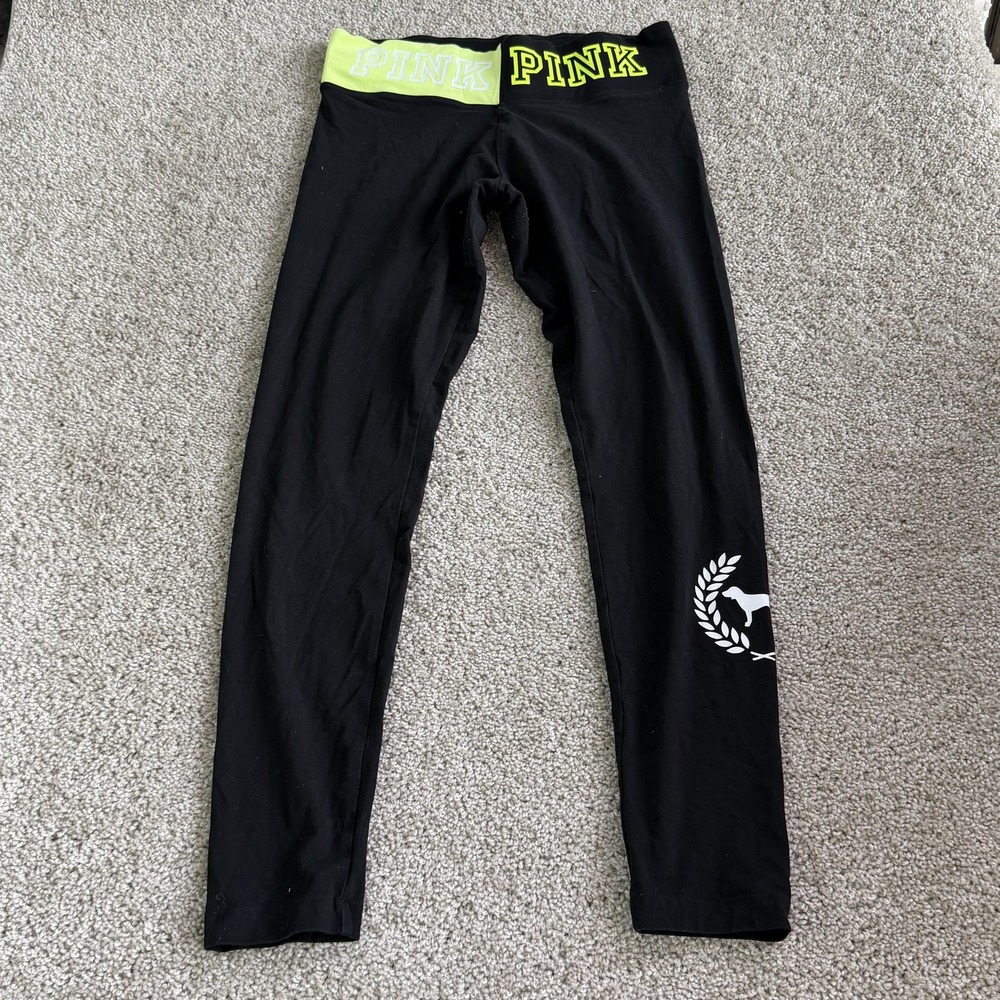 PINK Victoria's Secret Leggings Womens Medium Black Capri Foldover Waist Yoga